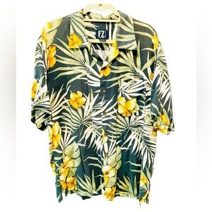 Vintage FZ Fran Zio Men’s Hawaiian Camp Shirt Green Palm Hibiscus M